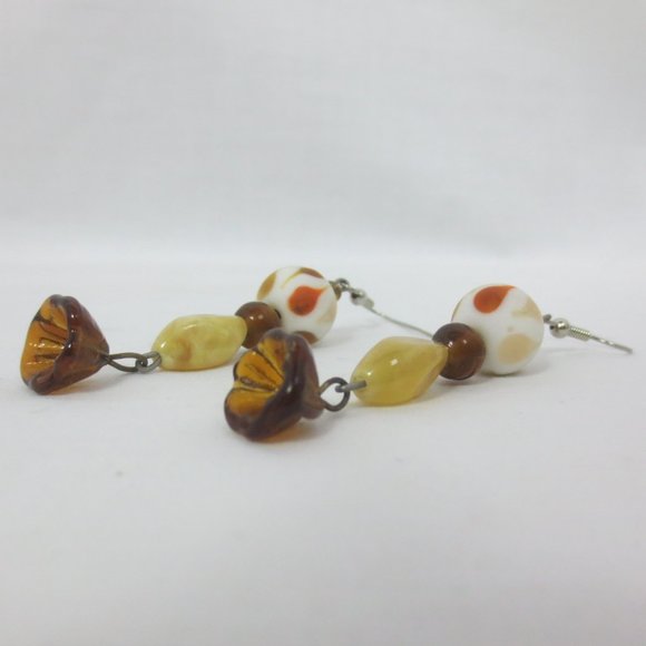 New Brown & Amber Glass Floral Dangle Earrings - Picture 3 of 6